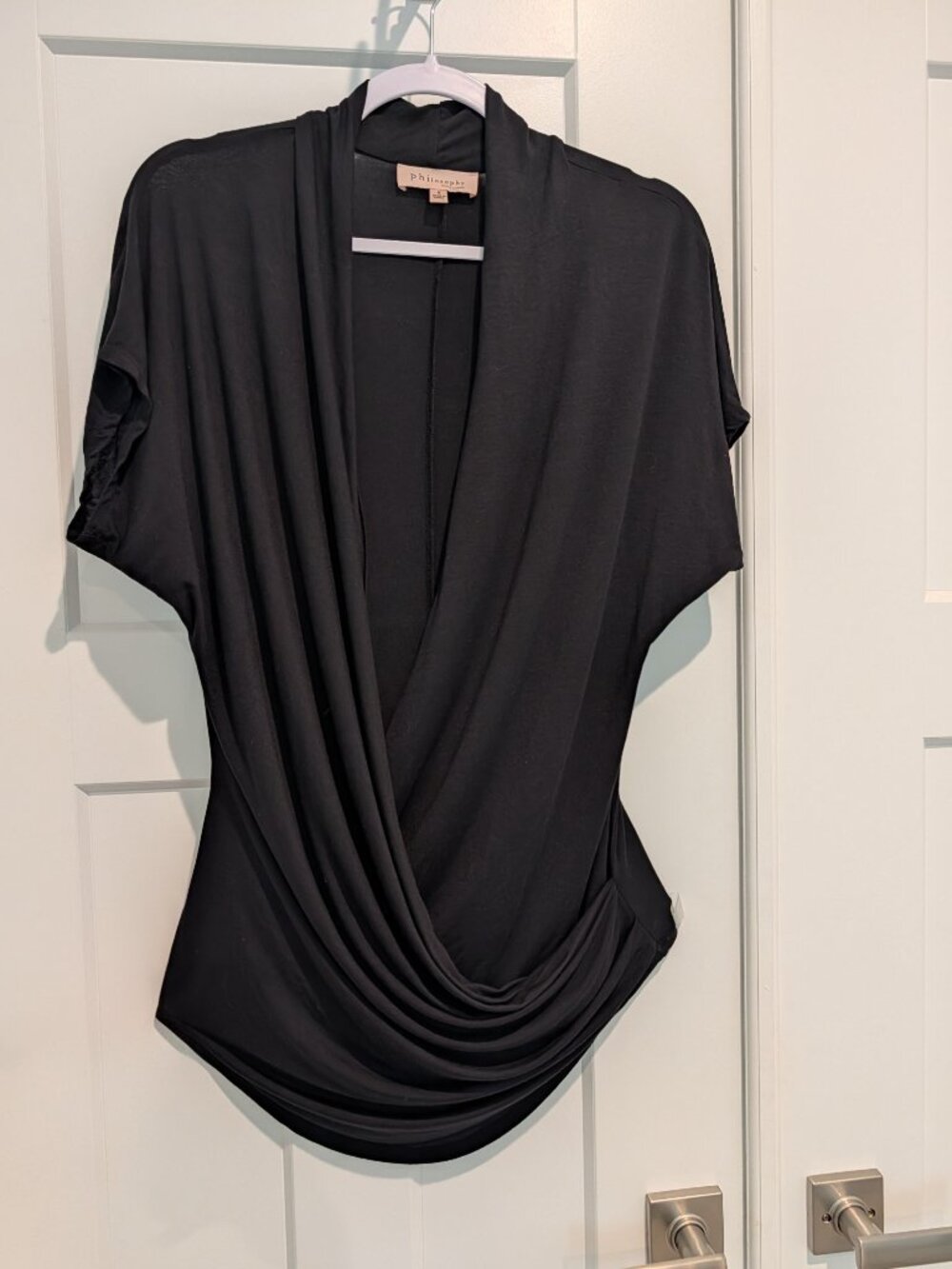 Philosophy Black Short Sleeve Crossover Top - Size S